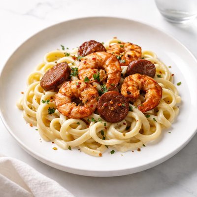 Image of Cajun Shrimp and Sausage with Cheese Sauce and Pasta