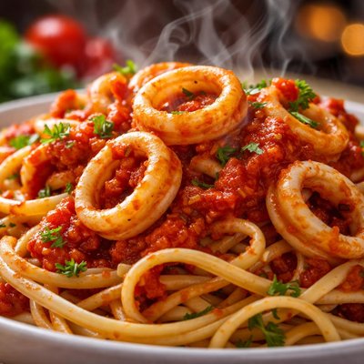 Image of Calamari Fra Diavolo Over Linguine