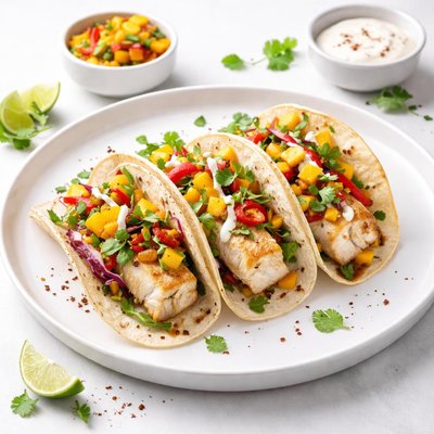 Image of California Fish Tacos with Dry Roasted Peppers and Mango