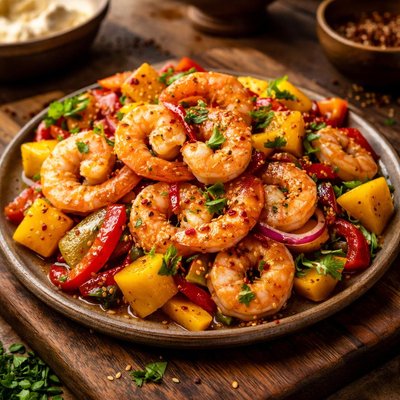 Image of California Pink Shrimp Stir Fry with Peppers and Mango