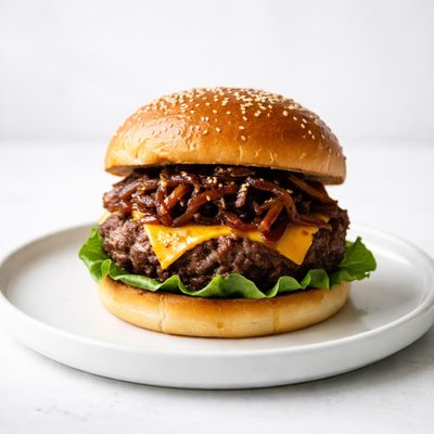 Image of Canadian Burger with Beer Braised Onions and Cheddar