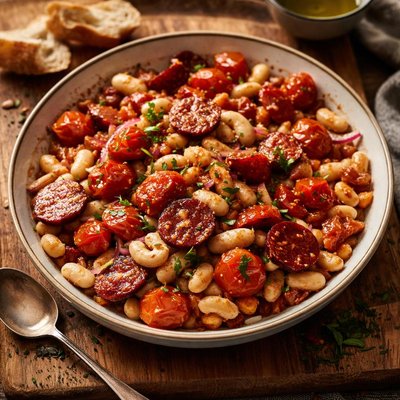 Image of Cannellini Bean Salad with Roast Cherry Tomatoes Chorizo