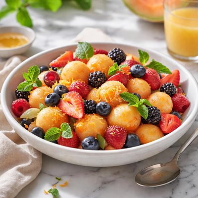 Image of Cantalope and Berry Salad with Mint and Orange Juice