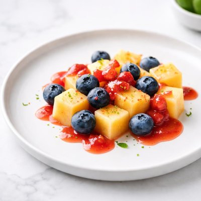 Image of Cantaloupe and Blueberries with Fresh Strawberry Sauce