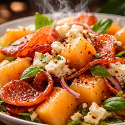 Image of Cantaloupe Sopressata and Feta Salad