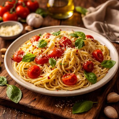 Image of Capellini with Tomatoes Garlic and Basil