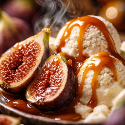 Image of Caramel Drizzled Figs and Ice Cream