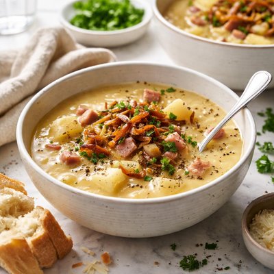 Image of Caramelised Onion Potato and Ham Soup