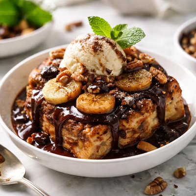 Image of Caramelized Banana Rum Bread Pudding Chocolate Rum Sauce