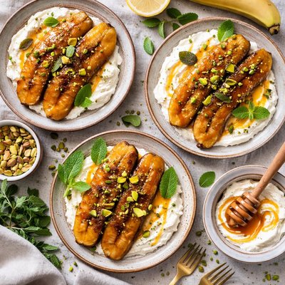 Image of Caramelized Banana with Honey Mascarpone and Mint