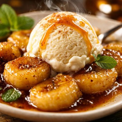 Image of Caramelized Bananas with Rum Sauce and Vanilla Ice Cream