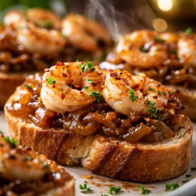 Image of Caramelized Onion and Shrimp Bruschetta