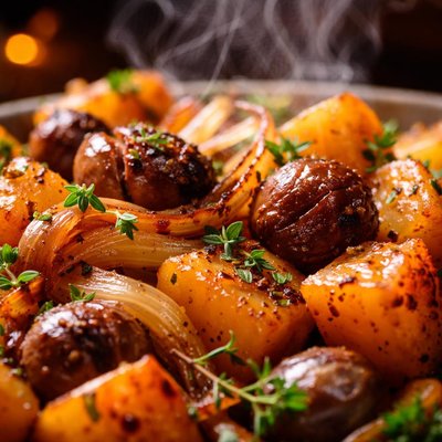 Image of Caramelized Onion Butternut Roast with Chestnuts