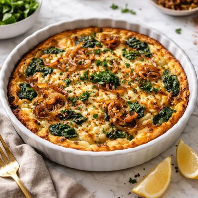 Image of Caramelized Onion Gruyere and Spinach Crustless Quiche