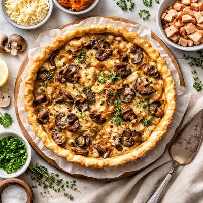 Image of Caramelized Onion Smoked Turkey Mushroom and Gruyere Quiche Wi
