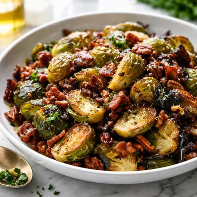 Image of Caramelized Onion Sometimes Bacon and Pecan Brussels Sprouts