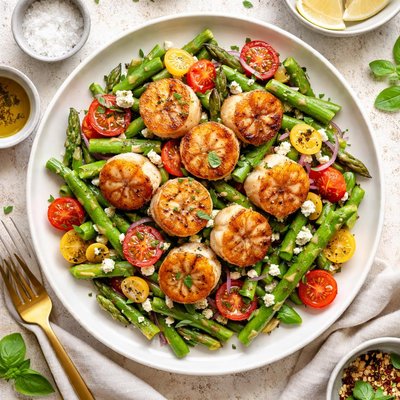 Image of Caramelized Scallops on Warm Asparagus Tomato Salad