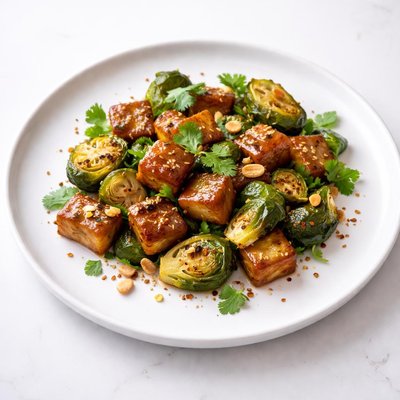 Image of Caramelized Tofu and Brussel Sprouts with Cilantro and Nuts