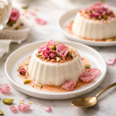 Image of Cardamom and Rose Water Panna Cotta with Candied Rose Petals