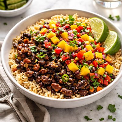 Image of Caribbean Black Beans with Mango Salsa Over Brown Rice