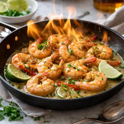 Image of Caribbean Shrimp in Lime Sauce Flambeed with Rum