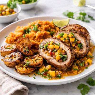 Image of Caribbean Stuffed Pork with Orange Sweet Potatoes and Plantains