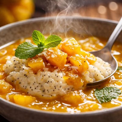Image of Carmelized Mango Soup with Poppy Seed Rice Pudding