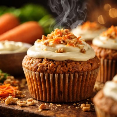 Image of Carrot Cake Muffins with Cream Cheese Icing and Carrot