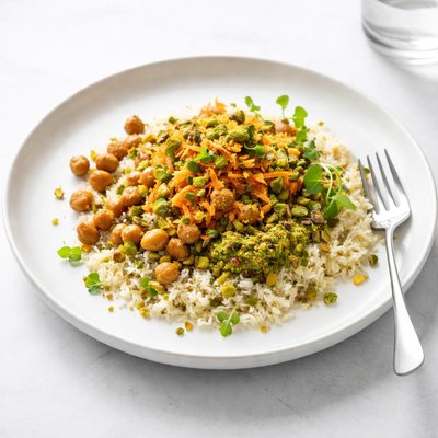 Image of Carrot Pistachio Pesto with Bulgur and Chickpeas