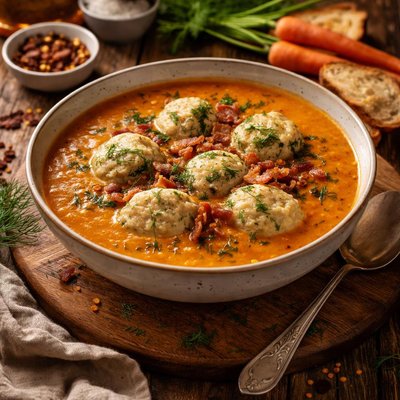 Image of Carrot Soup with Bacon and Dill Dumplings
