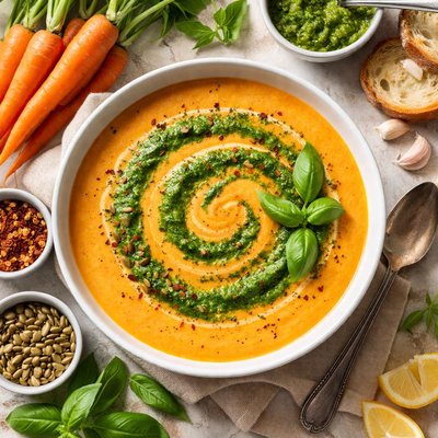 Image of Carrot Soup with Basil Pesto Swirl
