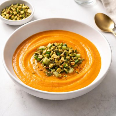 Image of Carrot Soup with Cucumber Pistachio Relish