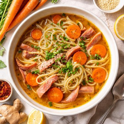 Image of Carrots and Ham in Gingered Chicken Broth Pasta Sauce
