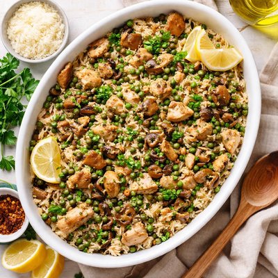 Image of Casserole of Chicken or Turkey Rice and Mushrooms