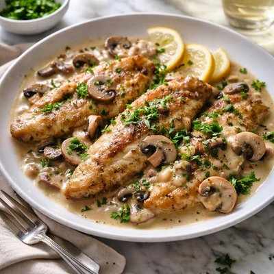 Image of Catfish Fillets in White Wine and Mushroom Sauce