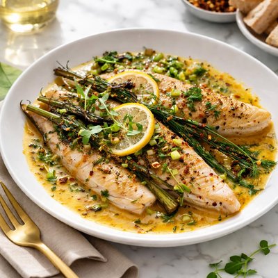 Image of Catfish in Wine with Broiled Scallion Butter Sauce