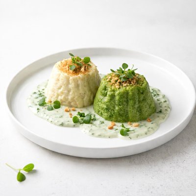 Image of Cauliflower and Broccoli Flan with Spinach Bechamel Sauce