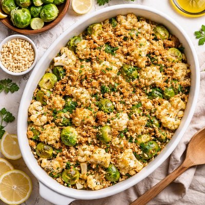 Image of Cauliflower and Brussels Sprouts Gratin with Pine Nut Breadcrumb
