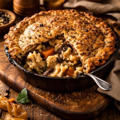 Image of Cauliflower and Mushroom Pot Pie with Black Olive Crust