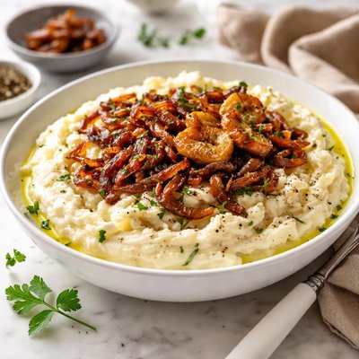 Image of Cauliflower Mash with Caramelized Onions and Roasted Garlic