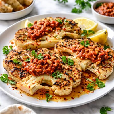 Image of Cauliflower Steaks with Red Peppers Pesto