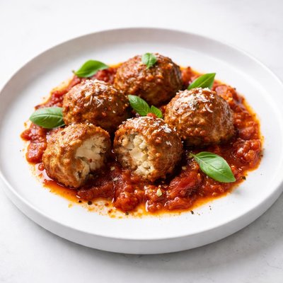 Image of Cauliflower Stuffed Meatball Ragout in Spicy Tomato Sauce