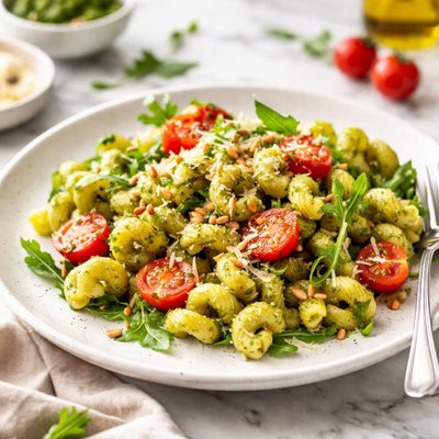 Image of Cavatappi with Arugula Pesto and Cherry Tomatoes