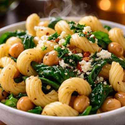 Image of Cavatappi with Spinach Garbanzo Beans Feta