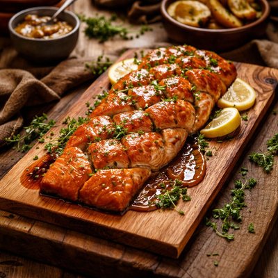 Image of Cedar Plank Braided Salmon with Apple Butter Sauce