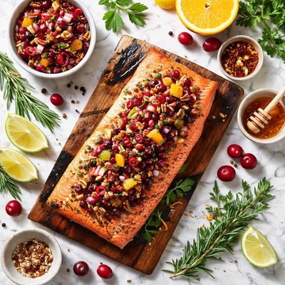 Image of Cedar Planked Fresh Salmon Fillet with Spiced Cranberry Relish