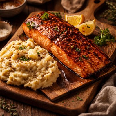 Image of Cedar Planked Salmon with Maple Glaze Mustard Mashed Potat