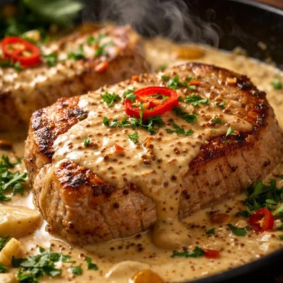 Image of Champagne Pork Chops in Chipotle Mustard Cream Sauce