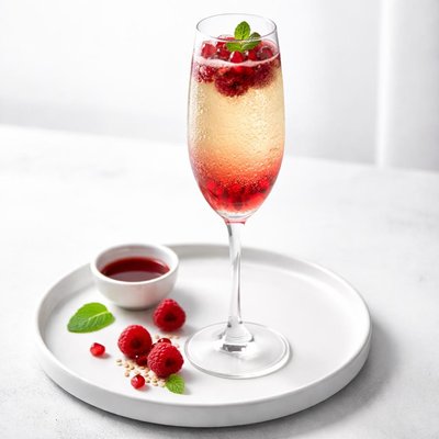 Image of Champagne with Pomegranate Syrup and Raspberries