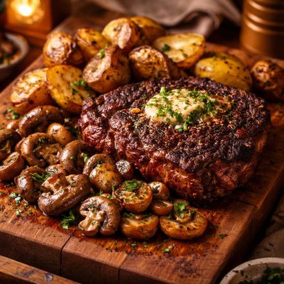 Image of Char Crusted Rib Eye Garlic Butter Mushrooms Yukon Gold